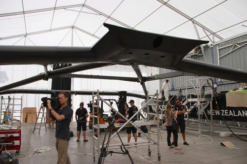 Under the wingsail platform - Emirates Team NZ Media Day January 18, 2013  © Richard Gladwell www.photosport.co.nz